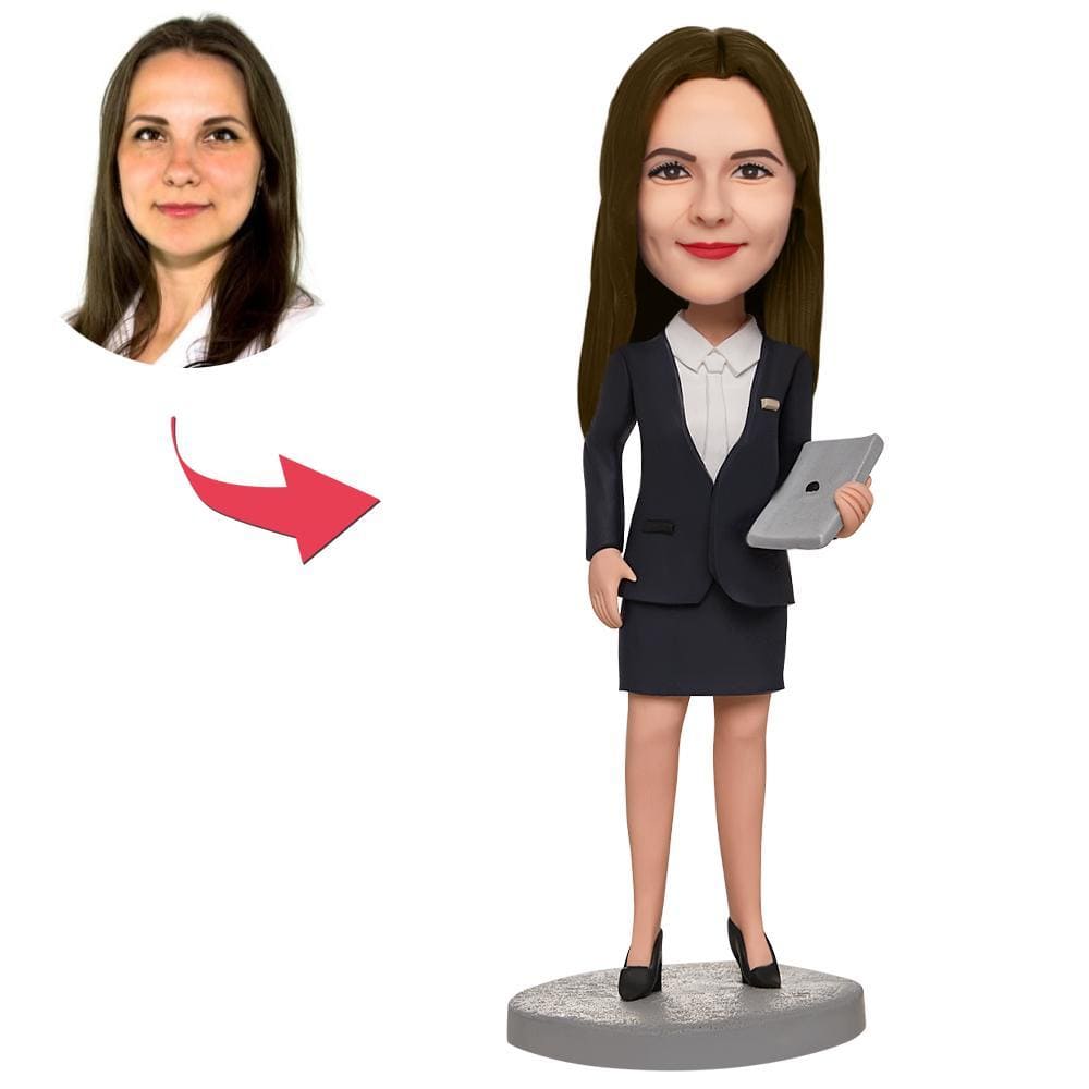 Custom Business Woman Bobblehead Holding A laptop With Engraved Text
