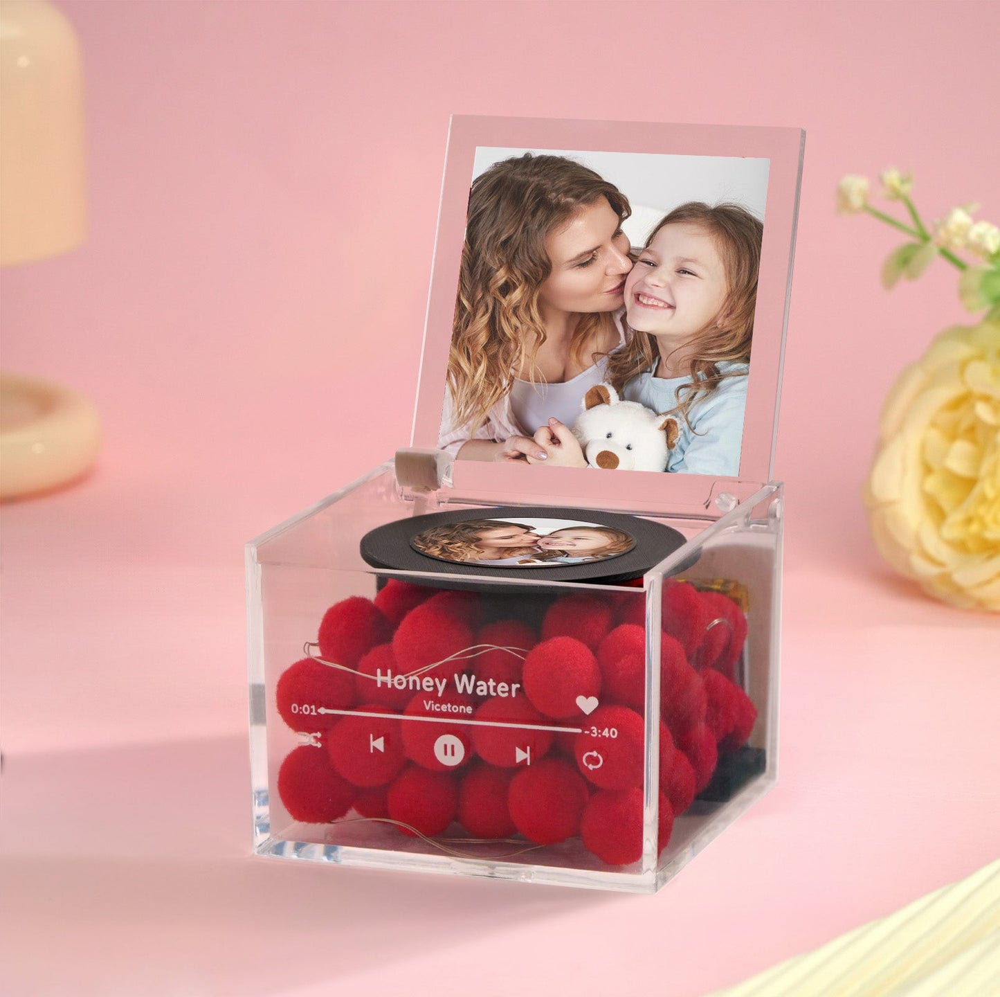 Mini Music Record Player Custom Photo with Light Personalized Music Acrylic Box Mother's Day Gifts for Mum