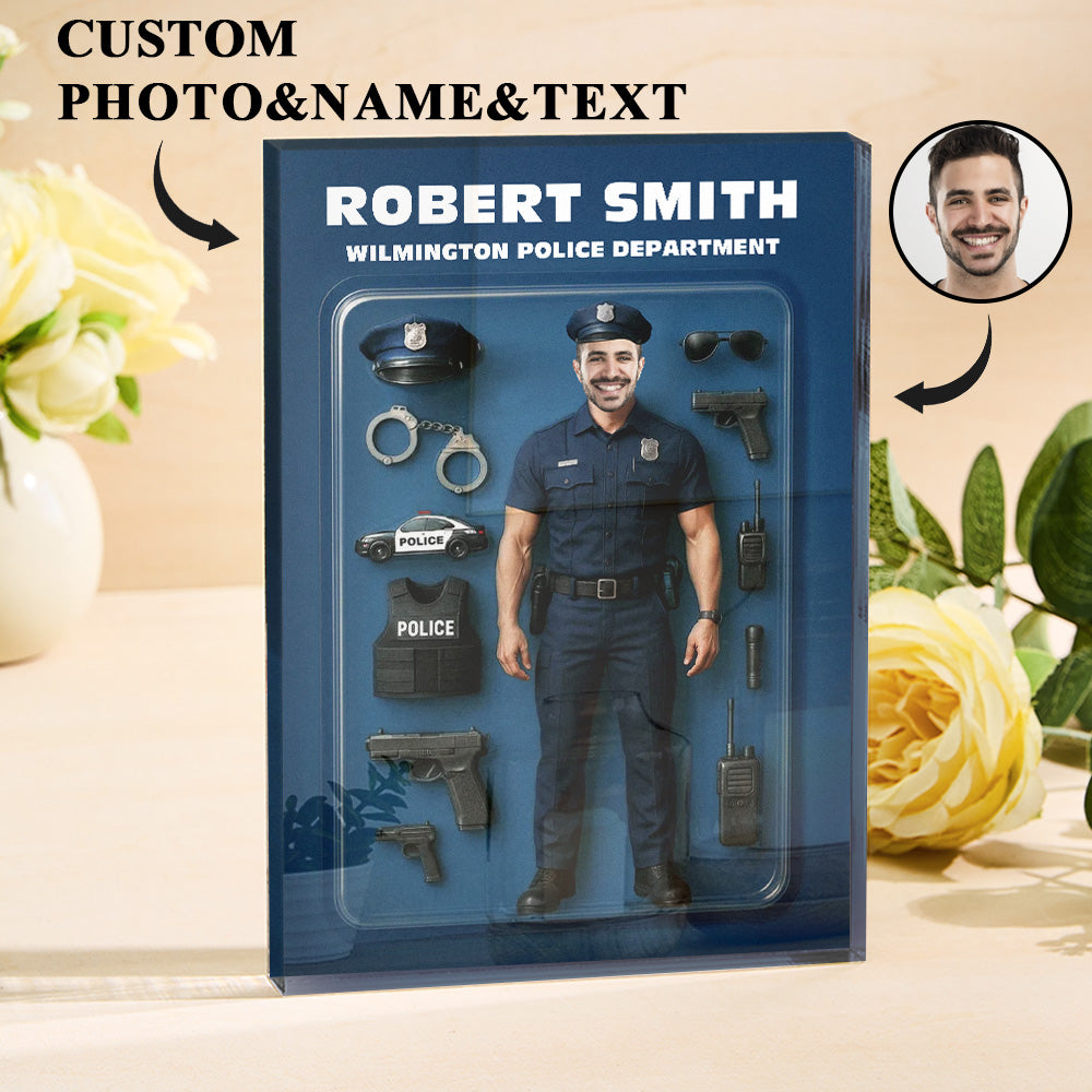 Personalized Police Officer Action Figure Customizable Head Packaging Custom Acrylic Block Plaque Gift For Police Officers