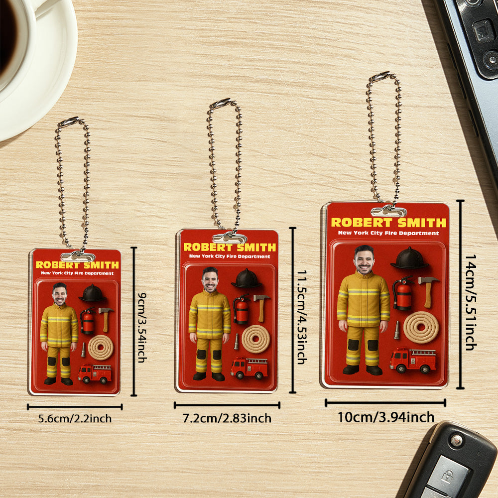 Custom Action Figure Customizable Head Packaging Toy Box Style Art Gift Personalized Acrylic Car Hanger Gift for Firefighter