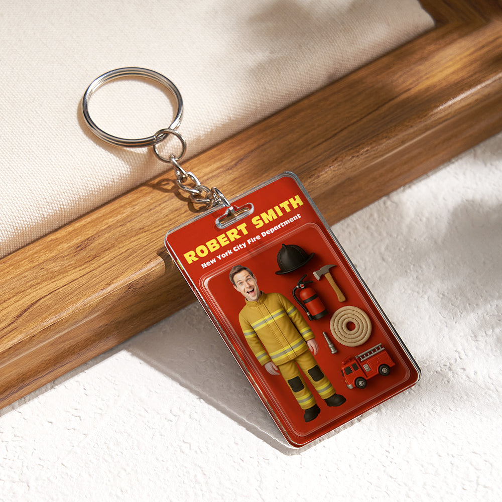 Custom Action Figure Customizable Head Packaging Toy Box Style Art Gift Personalized Acrylic Keychain Gift for Firefighter