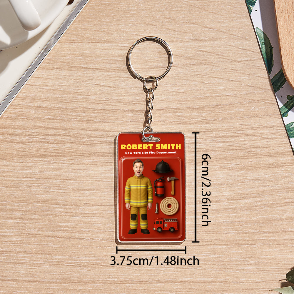 Custom Action Figure Customizable Head Packaging Toy Box Style Art Gift Personalized Acrylic Keychain Gift for Firefighter