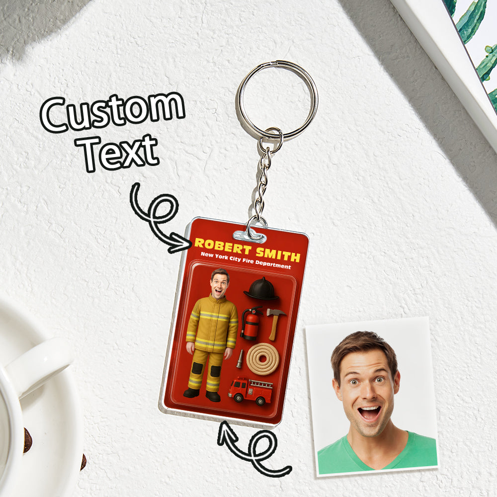 Custom Action Figure Customizable Head Packaging Toy Box Style Art Gift Personalized Acrylic Keychain Gift for Firefighter
