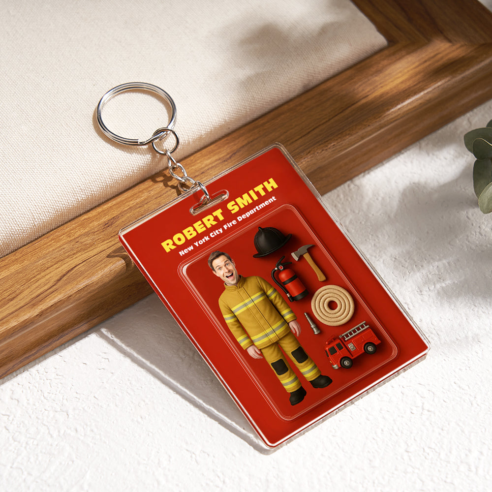 Custom Action Figure Customizable Head Packaging Toy Box Style Art Gift Personalized Acrylic Keychain Gift for Firefighter