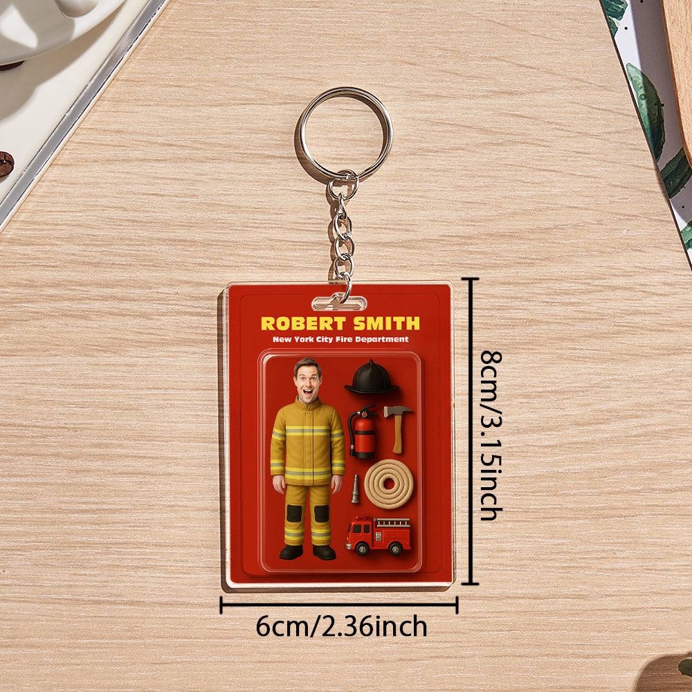 Custom Action Figure Customizable Head Packaging Toy Box Style Art Gift Personalized Acrylic Keychain Gift for Firefighter