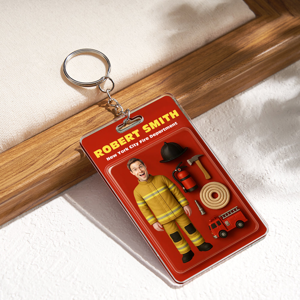 Custom Action Figure Customizable Head Packaging Toy Box Style Art Gift Personalized Acrylic Keychain Gift for Firefighter