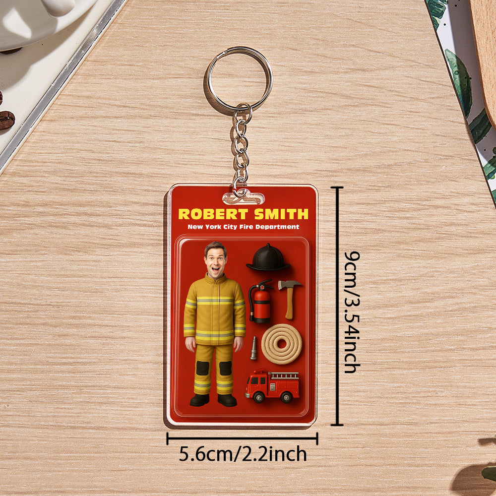 Custom Action Figure Customizable Head Packaging Toy Box Style Art Gift Personalized Acrylic Keychain Gift for Firefighter