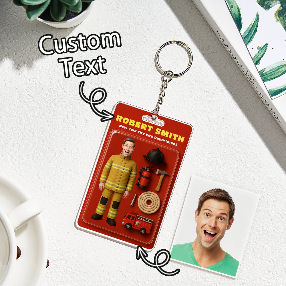 Custom Action Figure Customizable Head Packaging Toy Box Style Art Gift Personalized Acrylic Keychain Gift for Firefighter