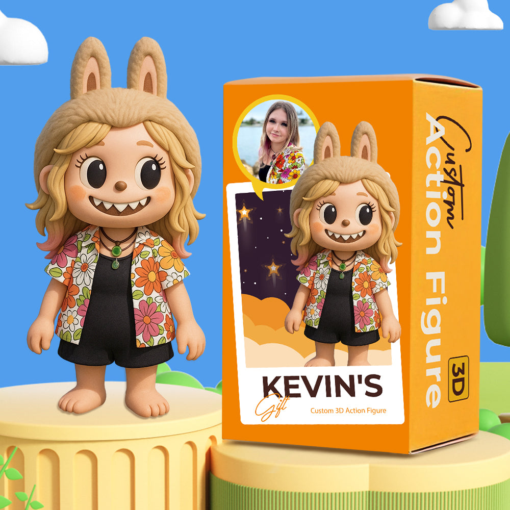 Cute Bunny Girl 3D Cartoon Figure with Colorful Floral Summer Outfit