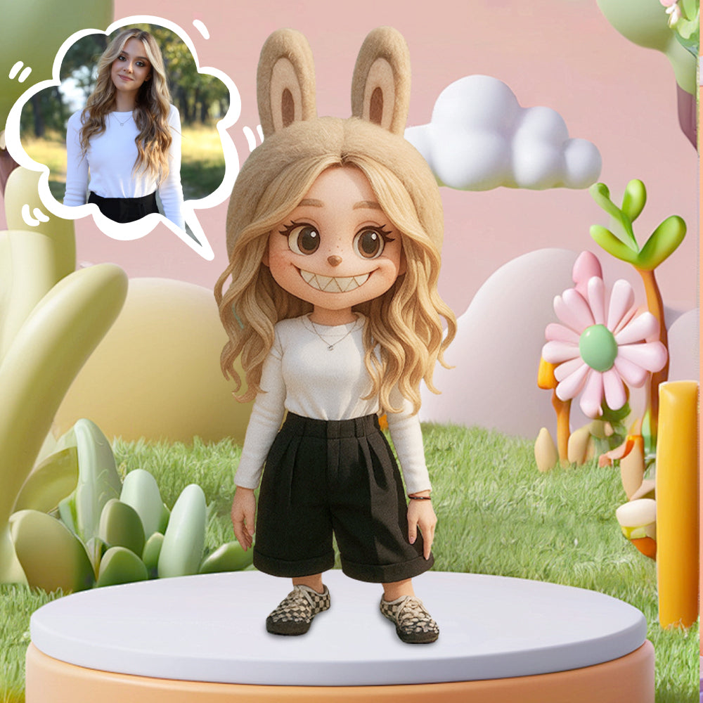 Cute Bunny Girl 3D Cartoon Figure with Colorful Floral Summer Outfit