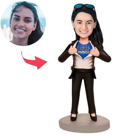 Persoalized Superwoman in A Suit Bobblehead With Text