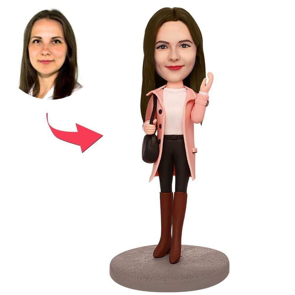 Personalized Bobblehead Girl in Overcoat With Engraved Text