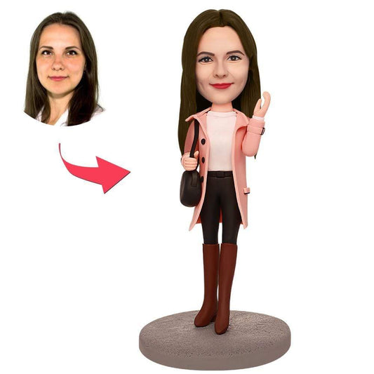 Personalized Bobblehead Girl in Overcoat With Engraved Text