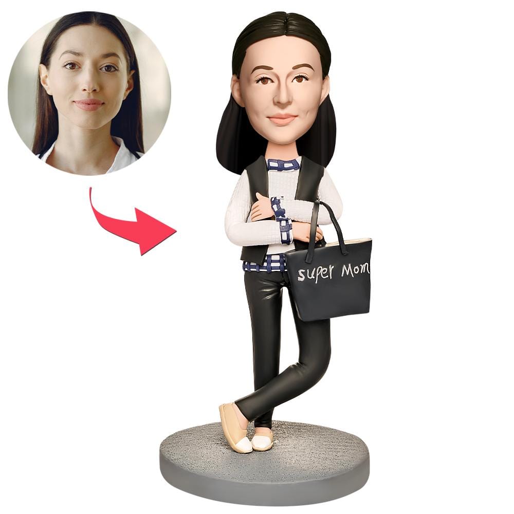 Mothers Day Custom Bobblehead with Engraved Text Mum in a Black Jacket Gifts for Her