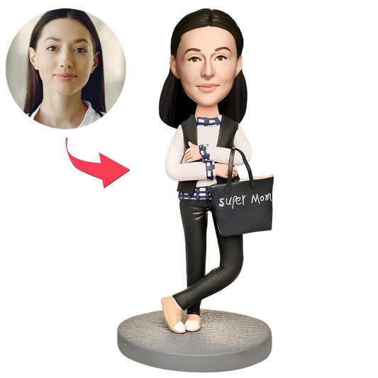 Mothers Day Custom Bobblehead with Engraved Text Mum in a Black Jacket Gifts for Her
