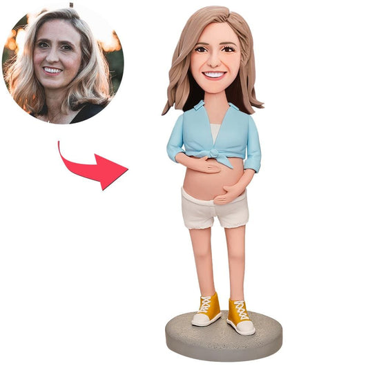 Mother's Day Custom Bobblehead with Engraved Text Gift for Mum - Pregnant Woman in Blue