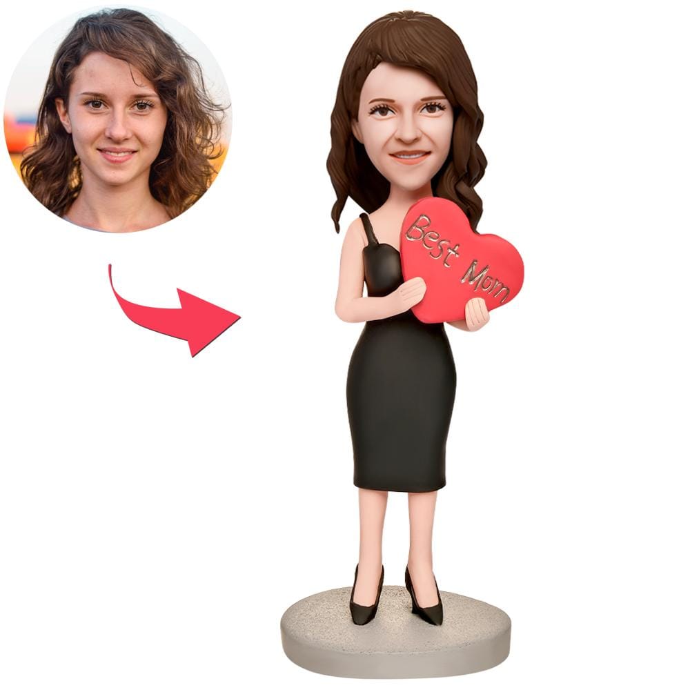 Custom Bobblehead with Engraved Text Sexy Mum Holding Heart Mother's Day Gift