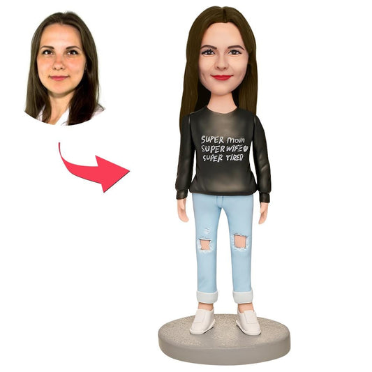 Personalized Bobblehead with Engraved Text Mother's Day Gift - Super Mum, Super Wife, Super Tired
