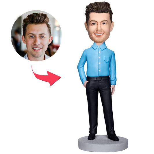 Custom Executive Man In Blue Shirt Bobblehead With Engraved Text