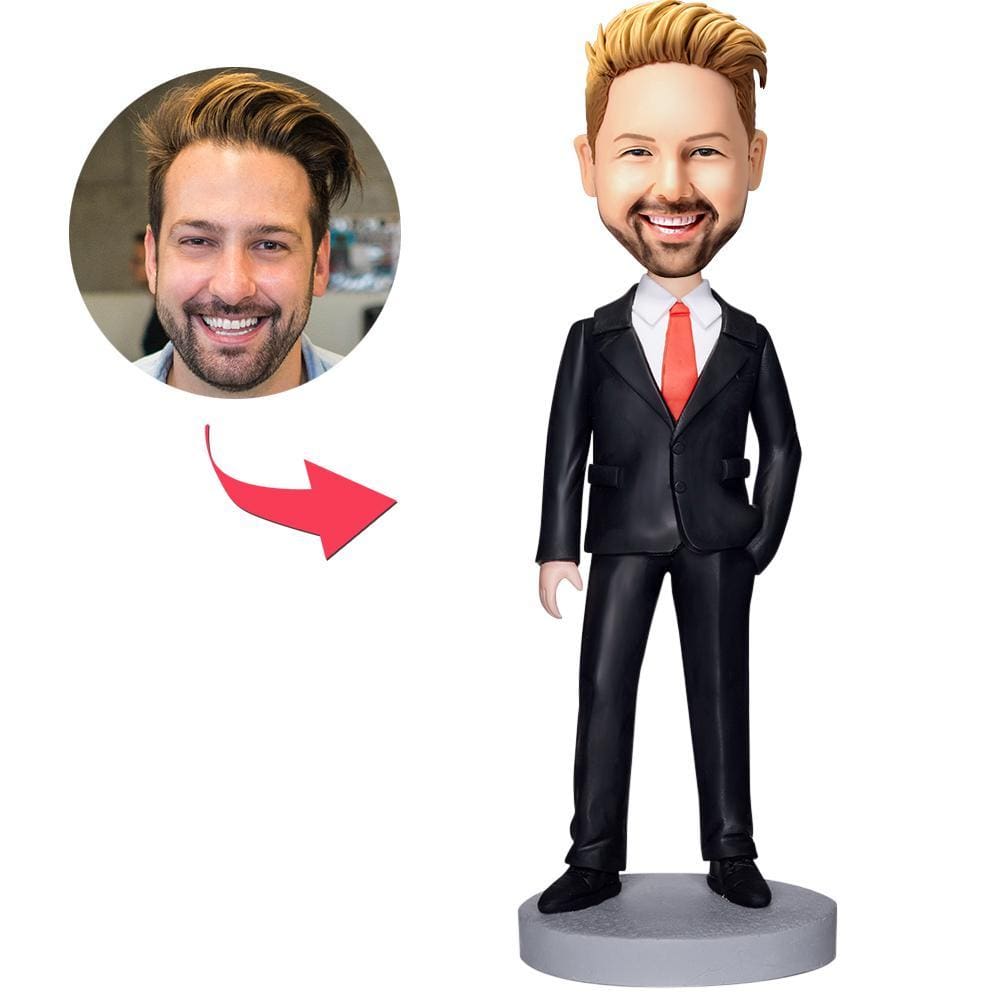 Personalized Business Man In Black Suit Bobblehead With Engraved Text