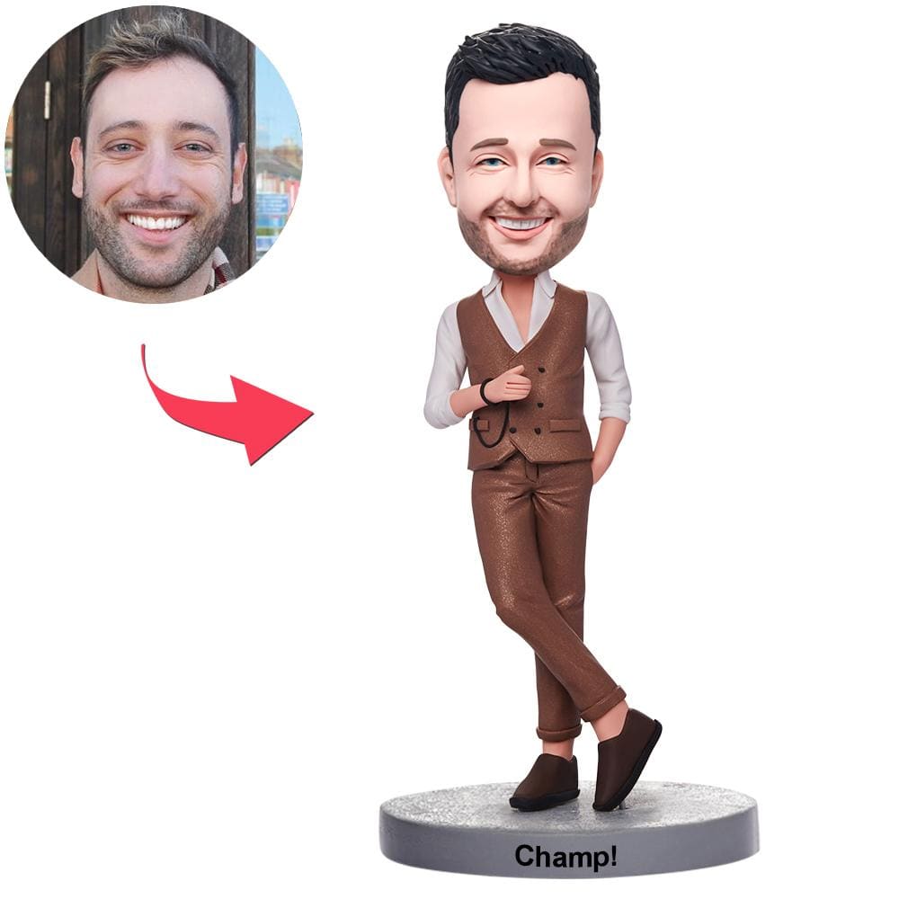 Personalized Full Body Brown Suit Man Bobbleheads With Engraved Text