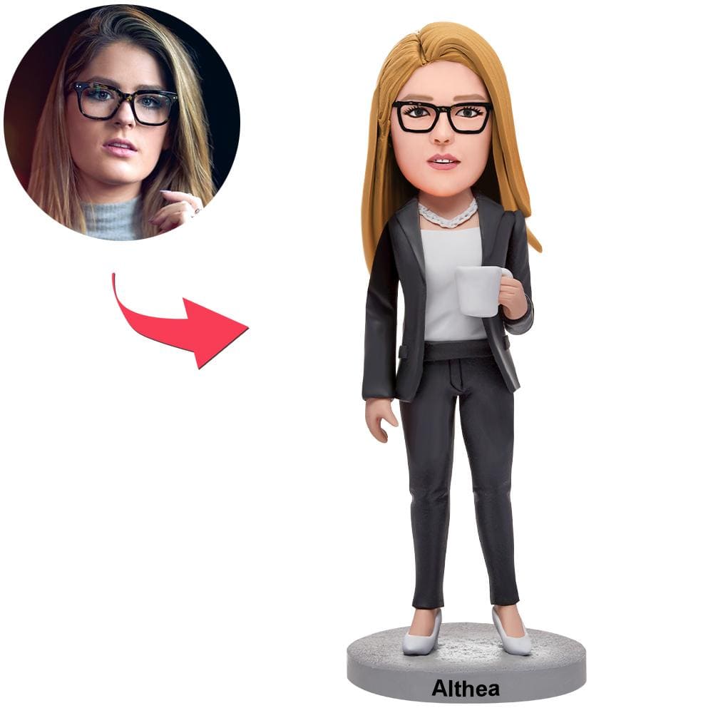 Custom Business Woman Bobbleheads Holding A Water Glass With Engraved Text