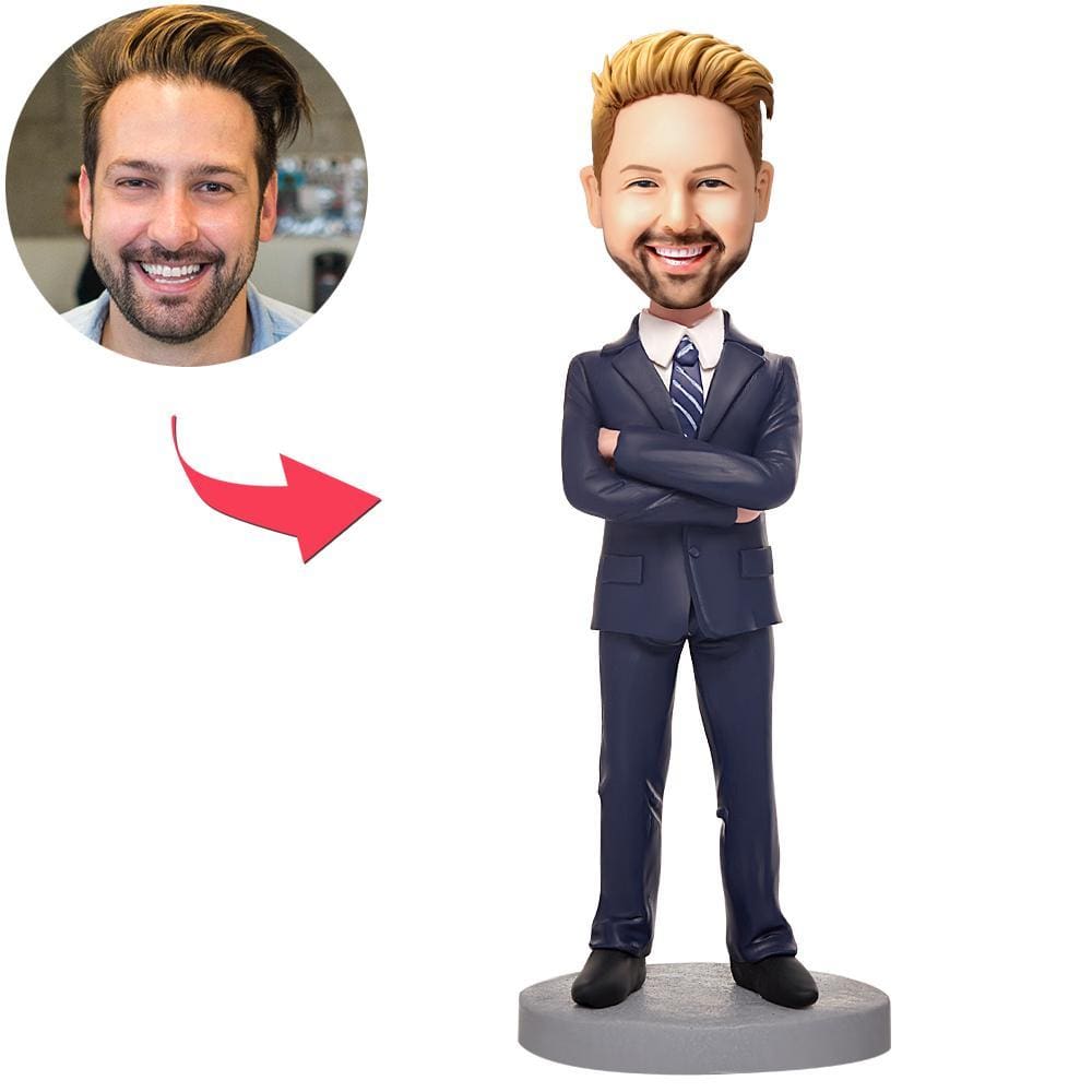 Personalized Blue Suit Businessman Bobbleheads With Engraved Text