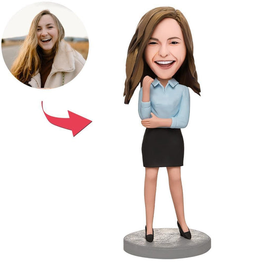 Custom Business Female Bobblehead In A Blue Shirt With Engraved Text