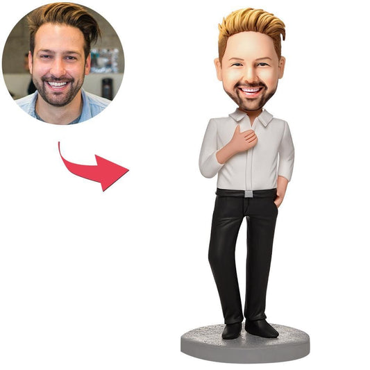 Custom Business Male Bobblehead Wearing A White Shirt With Engraved Text