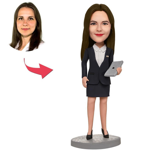 Custom Business Woman Bobblehead Holding A laptop With Engraved Text