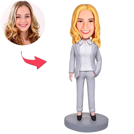 Personalized Grey Suit Boss Business Woman Bobbleheads With Engraved Text