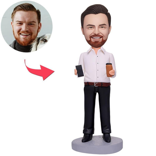 Personalized Business Man Holding Coffee And Mobile Phone Bobbleheads With Engraved Text