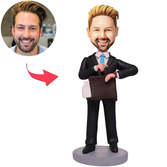 Custom Bobblehead Business Man Looking At The Times With Engraved Text