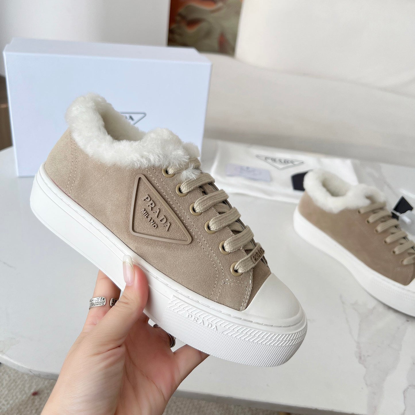 24 Autumn and Winter New Triangle Logo Wool Casual Women's Shoes XC0424101414