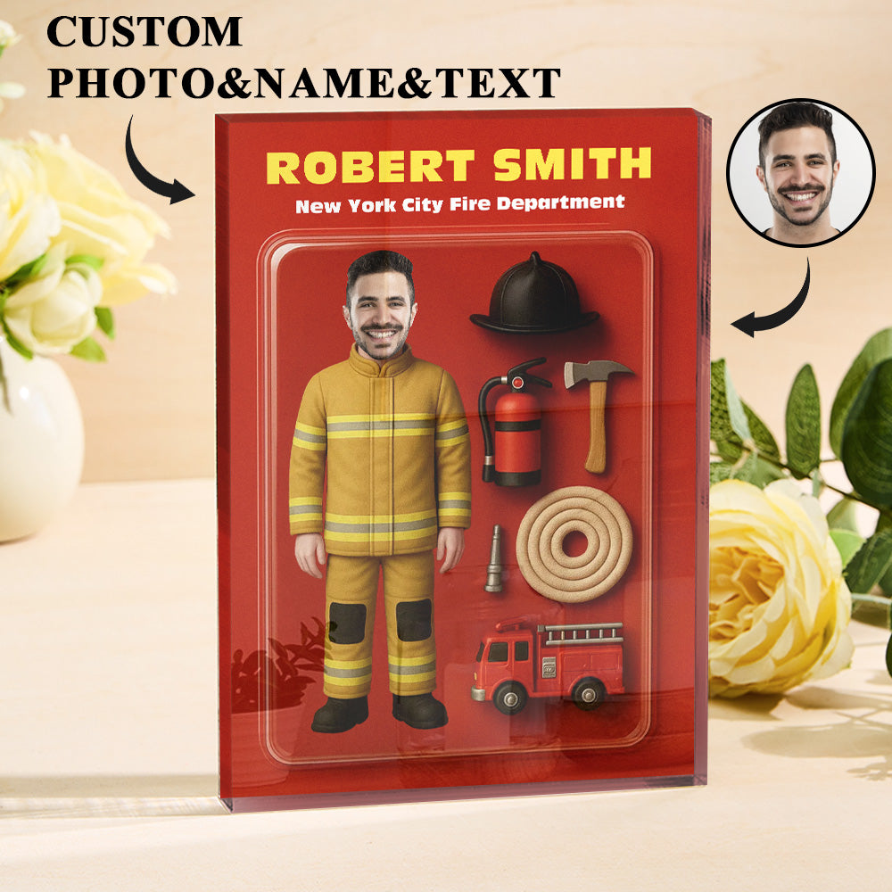 Personalized Firefighter Action Figure Customizable Head Packaging Custom Acrylic Block Plaque Gift For Firefighters