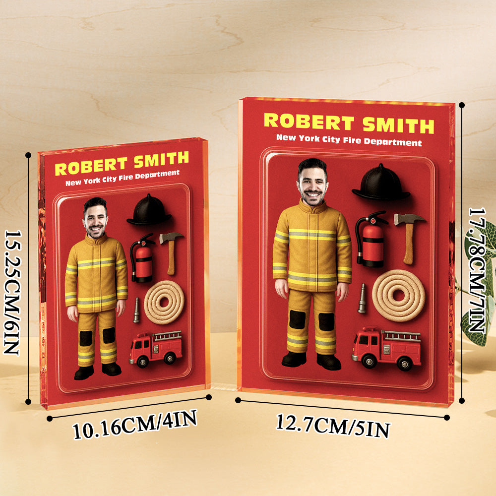 Personalized Firefighter Action Figure Customizable Head Packaging Custom Acrylic Block Plaque Gift For Firefighters