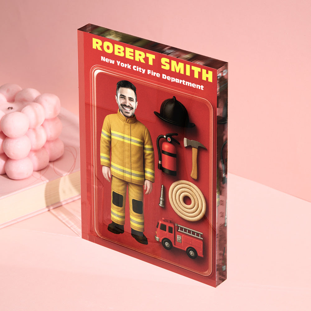 Personalized Firefighter Action Figure Customizable Head Packaging Custom Acrylic Block Plaque Gift For Firefighters