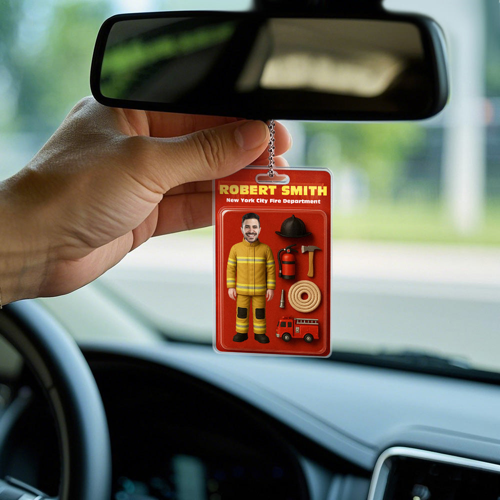 Custom Action Figure Customizable Head Packaging Toy Box Style Art Gift Personalized Acrylic Car Hanger Gift for Firefighter