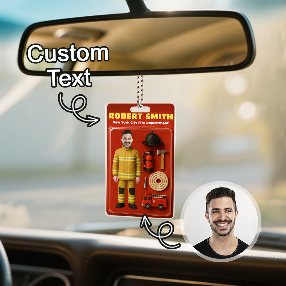Custom Action Figure Customizable Head Packaging Toy Box Style Art Gift Personalized Acrylic Car Hanger Gift for Firefighter
