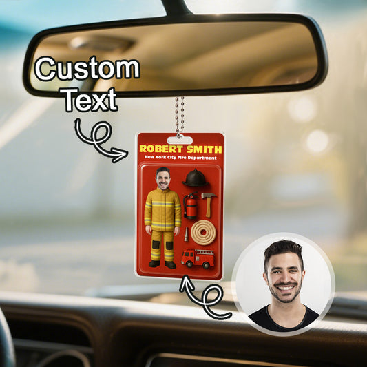 Custom Action Figure Customizable Head Packaging Toy Box Style Art Gift Personalized Acrylic Car Hanger Gift for Firefighter