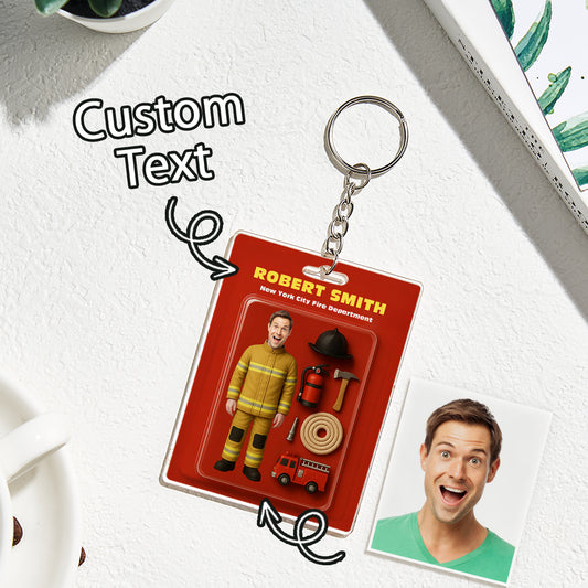 Custom Action Figure Customizable Head Packaging Toy Box Style Art Gift Personalized Acrylic Keychain Gift for Firefighter