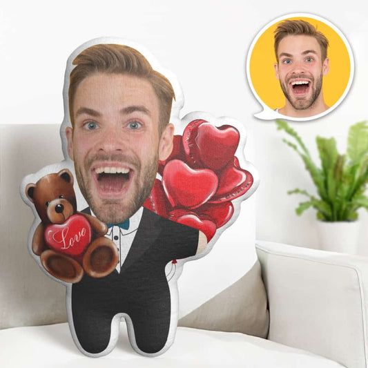 Custom Face Pillow, Cartoon Male in Suit Hold Bear Face Doll, the Best Gift for Lover Valentine's Day Gift