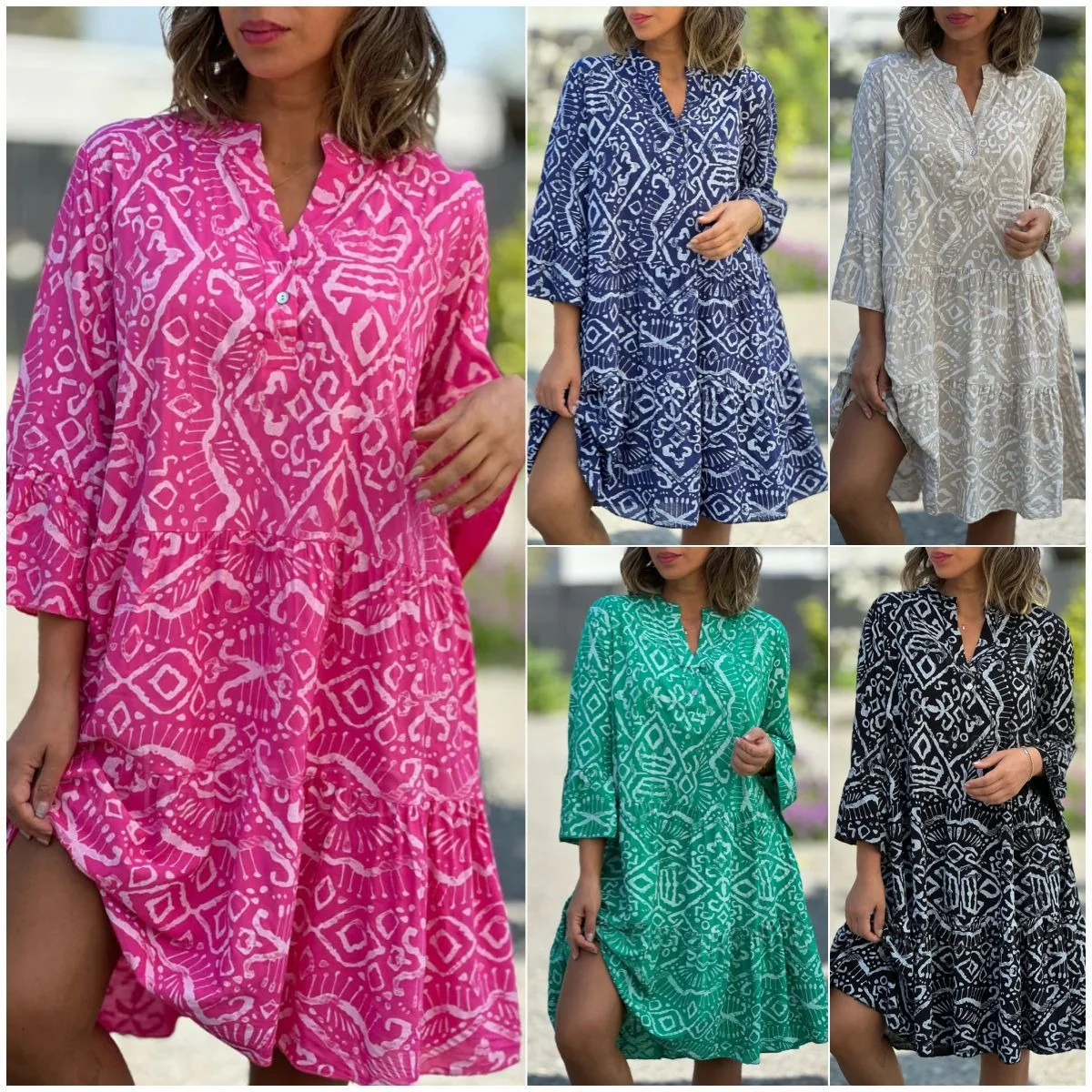 V-Neck Flared Sleeve Romantic Print Splicing Dress For Women