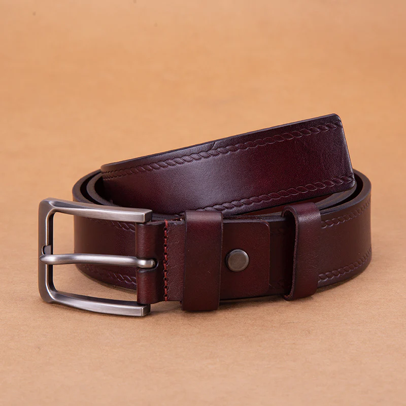 New solid color first layer cowhide alloy pin buckle men's casual simple business retro