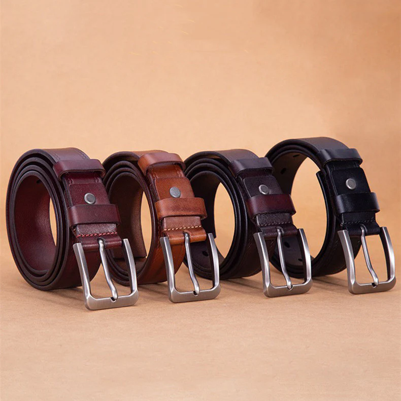 New solid color first layer cowhide alloy pin buckle men's casual simple business retro