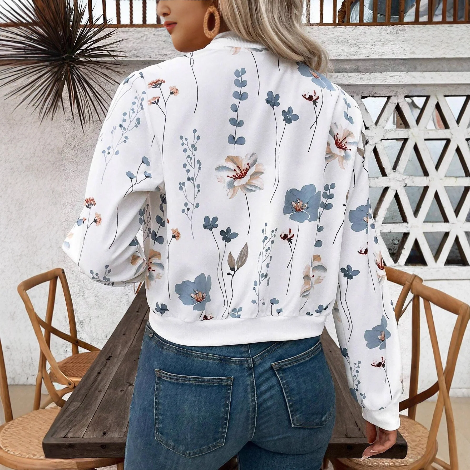 Women'S Zipper Flower Print Long-Sleeved Short Casual Clip