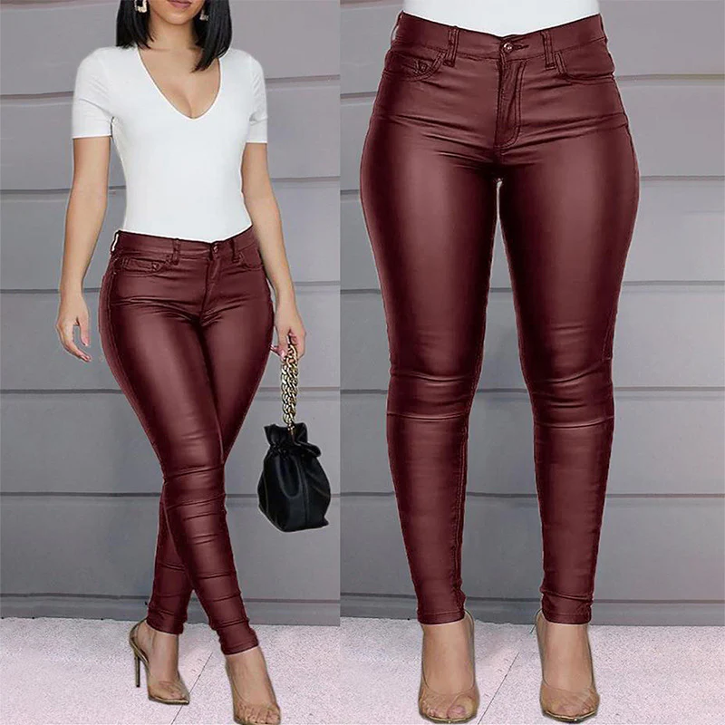 New Fashion Sexy High Waist Casual Pants Women'S Pu Leather Pants